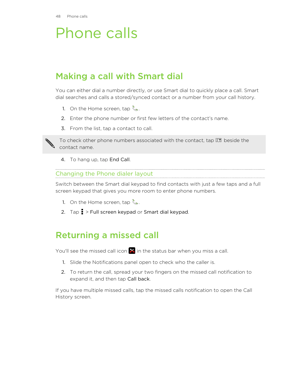 Phone calls, Making a call with smart dial, Changing the phone dialer layout | Returning a missed call, Making a, Call with smart dial | HTC X+ User Manual | Page 48 / 193
