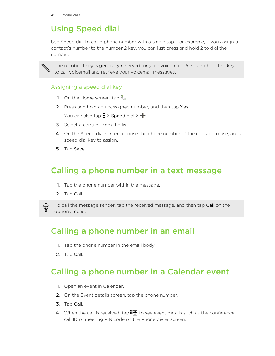 Using speed dial, Assigning a speed dial key, Calling a phone number in a text message | Calling a phone number in an email, Calling a phone number in a calendar event | HTC X+ User Manual | Page 49 / 193