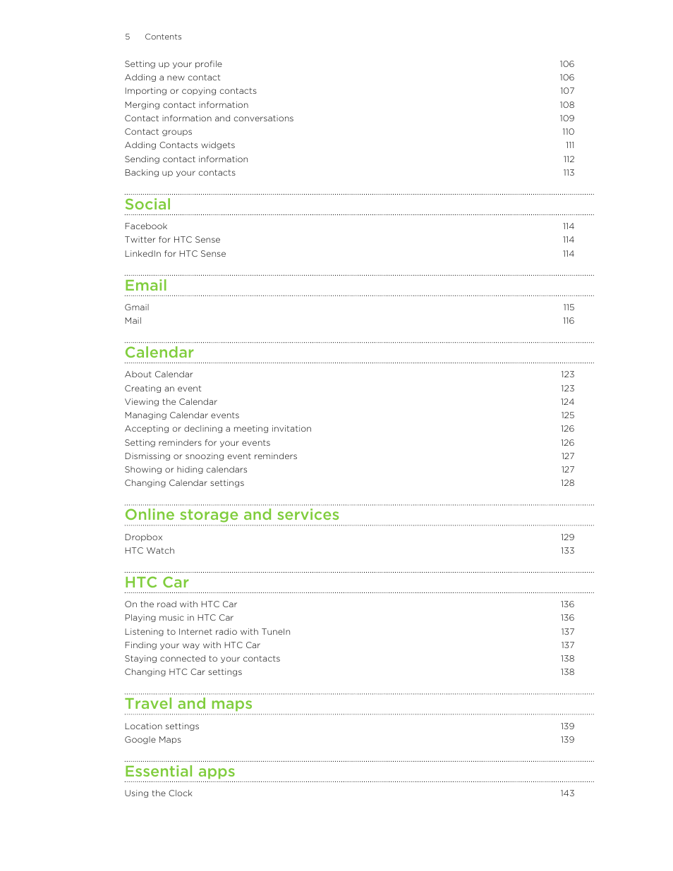 Social, Email, Calendar | Online storage and services, Htc car, Travel and maps, Essential apps | HTC X+ User Manual | Page 5 / 193