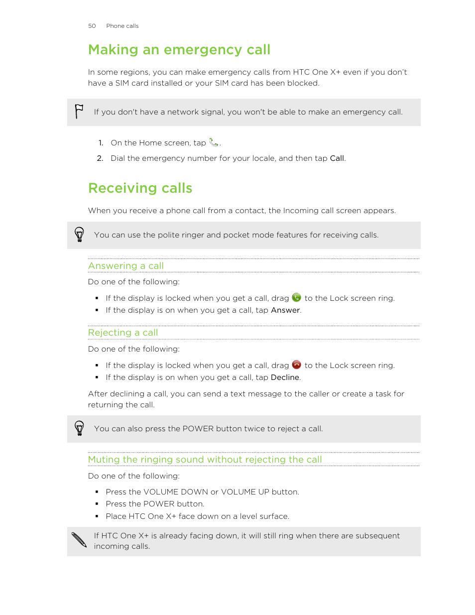 Making an emergency call, Receiving calls, Answering a call | Rejecting a call | HTC X+ User Manual | Page 50 / 193