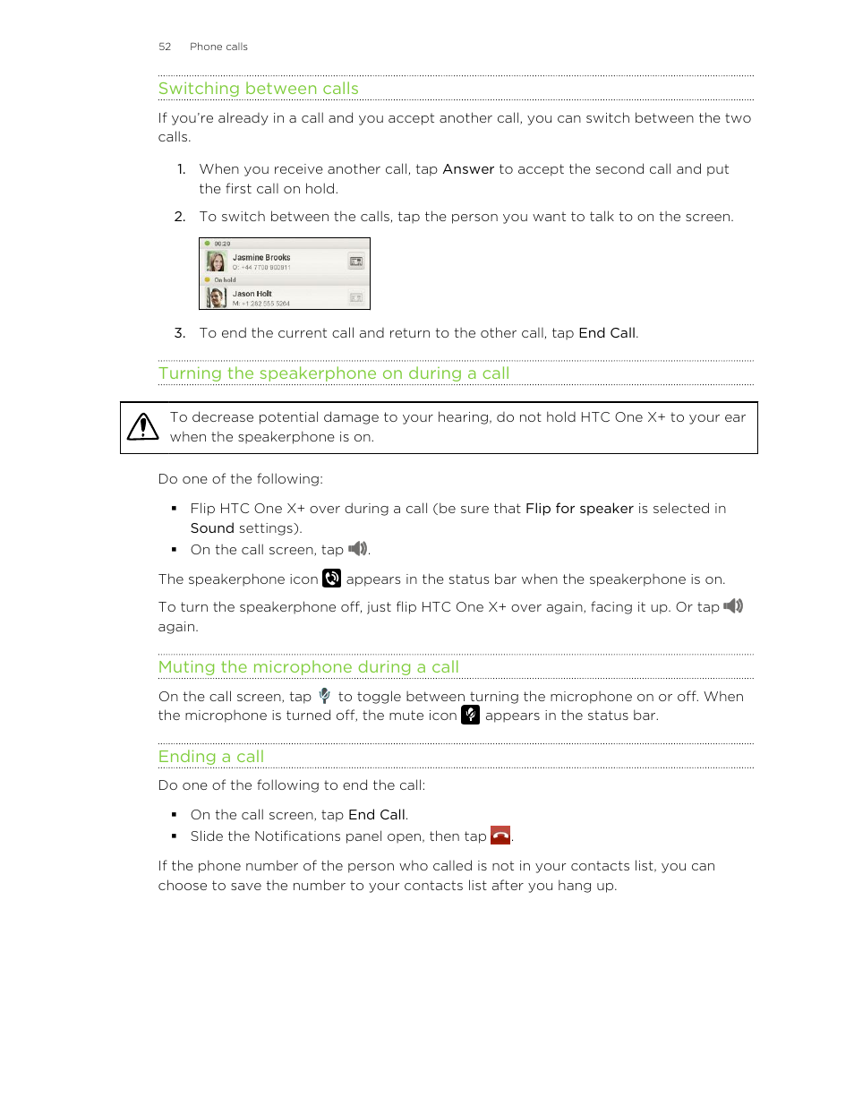 Switching between calls, Turning the speakerphone on during a call, Muting the microphone during a call | Ending a call | HTC X+ User Manual | Page 52 / 193