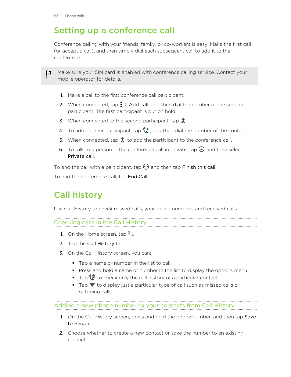 Setting up a conference call, Call history, Checking calls in the call history | HTC X+ User Manual | Page 53 / 193
