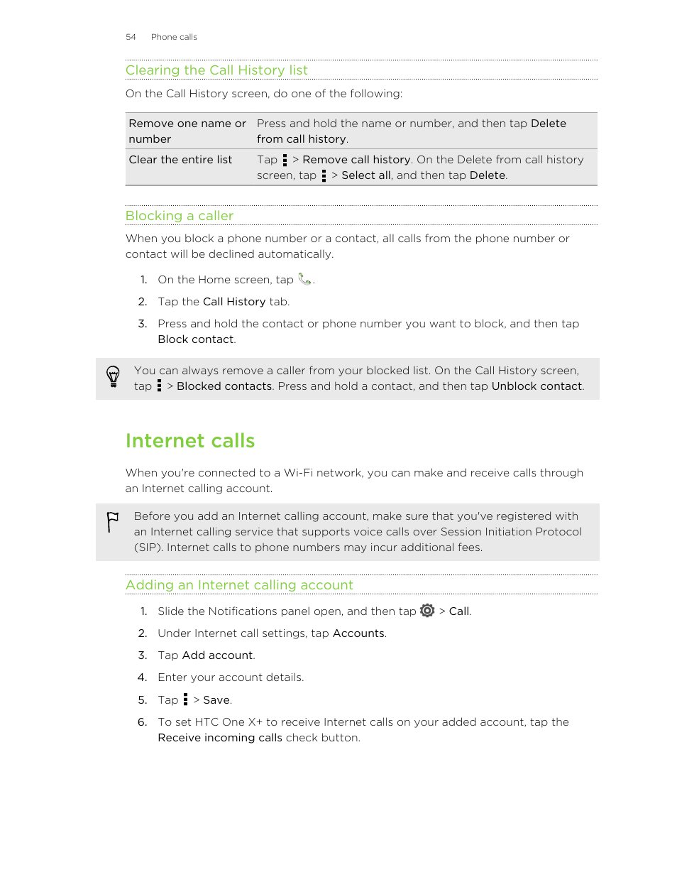 Clearing the call history list, Blocking a caller, Internet calls | Adding an internet calling account | HTC X+ User Manual | Page 54 / 193