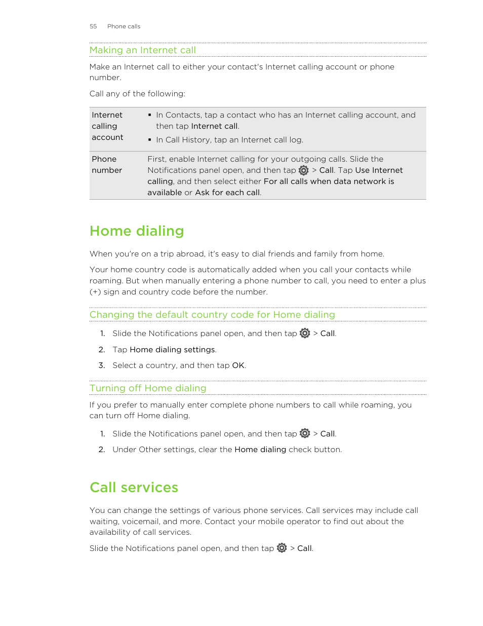Making an internet call, Home dialing, Changing the default country code for home dialing | Turning off home dialing, Call services | HTC X+ User Manual | Page 55 / 193