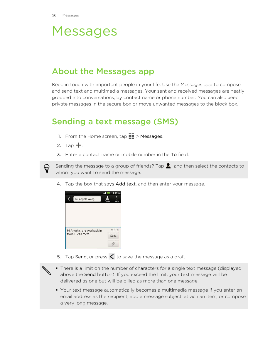 Messages, About the messages app, Sending a text message (sms) | HTC X+ User Manual | Page 56 / 193