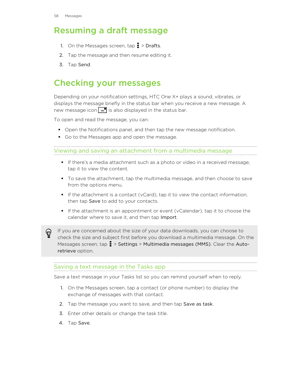 Resuming a draft message, Checking your messages, Saving a text message in the tasks app | HTC X+ User Manual | Page 58 / 193