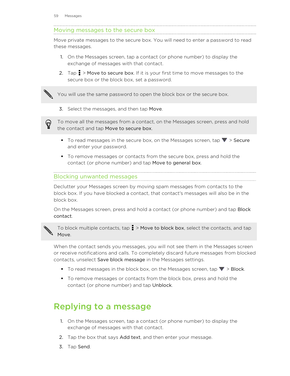 Moving messages to the secure box, Blocking unwanted messages, Replying to a message | HTC X+ User Manual | Page 59 / 193