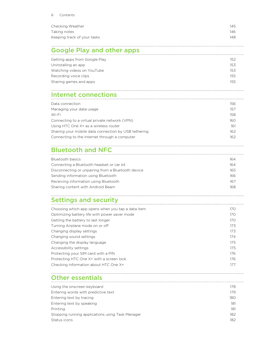 Google play and other apps, Internet connections, Bluetooth and nfc | Settings and security, Other essentials | HTC X+ User Manual | Page 6 / 193
