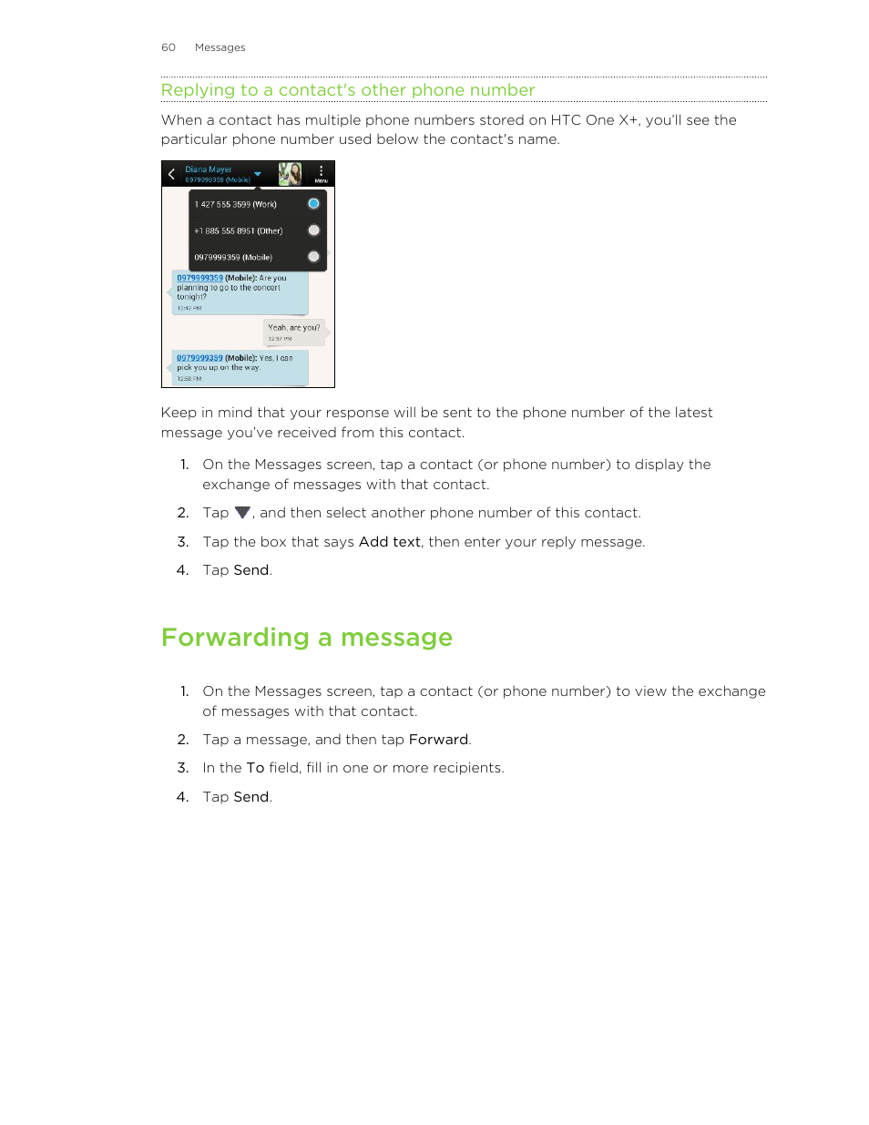 Replying to a contact's other phone number, Forwarding a message | HTC X+ User Manual | Page 60 / 193