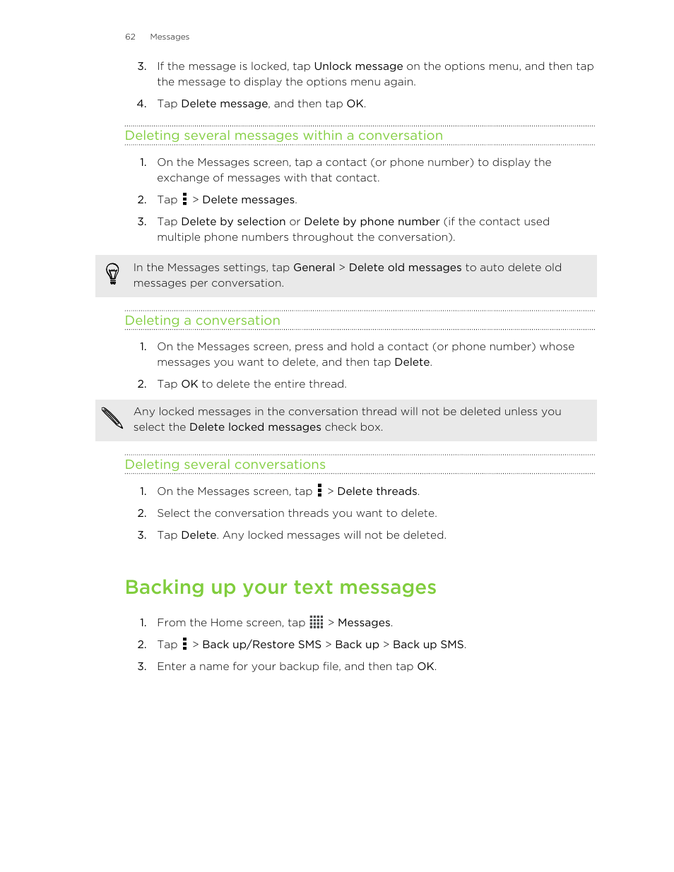 Deleting several messages within a conversation, Deleting a conversation, Deleting several conversations | Backing up your text messages | HTC X+ User Manual | Page 62 / 193