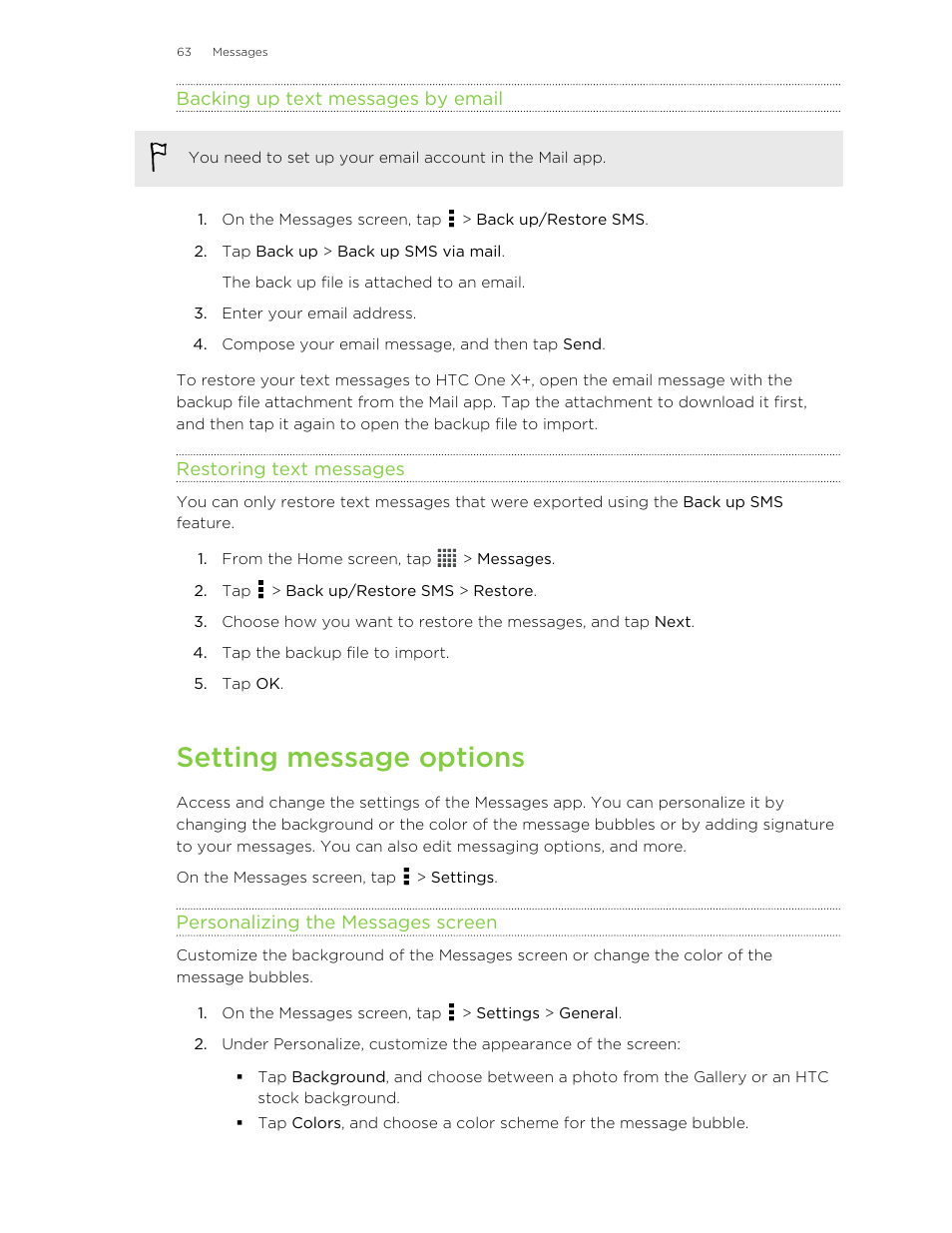 Backing up text messages by email, Restoring text messages, Setting message options | Personalizing the messages screen | HTC X+ User Manual | Page 63 / 193