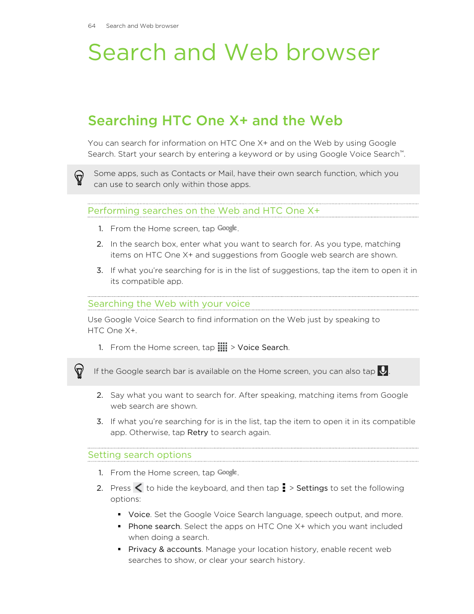 Search and web browser, Searching htc one x‍+ and the web, Performing searches on the web and htc one x | Searching the web with your voice, Setting search options, Searching htc one x+ and the web | HTC X+ User Manual | Page 64 / 193