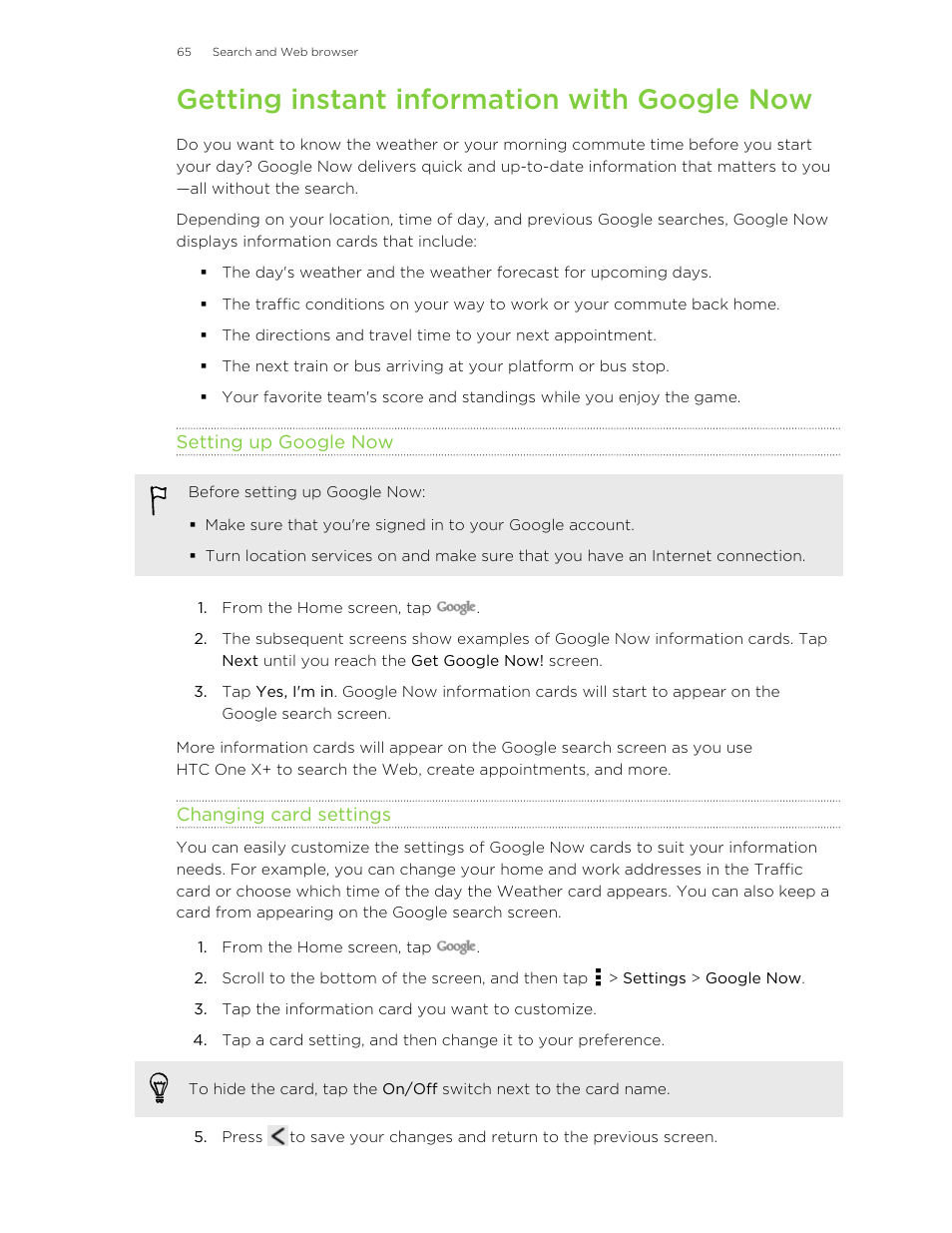 Getting instant information with google now, Setting up google now, Changing card settings | HTC X+ User Manual | Page 65 / 193
