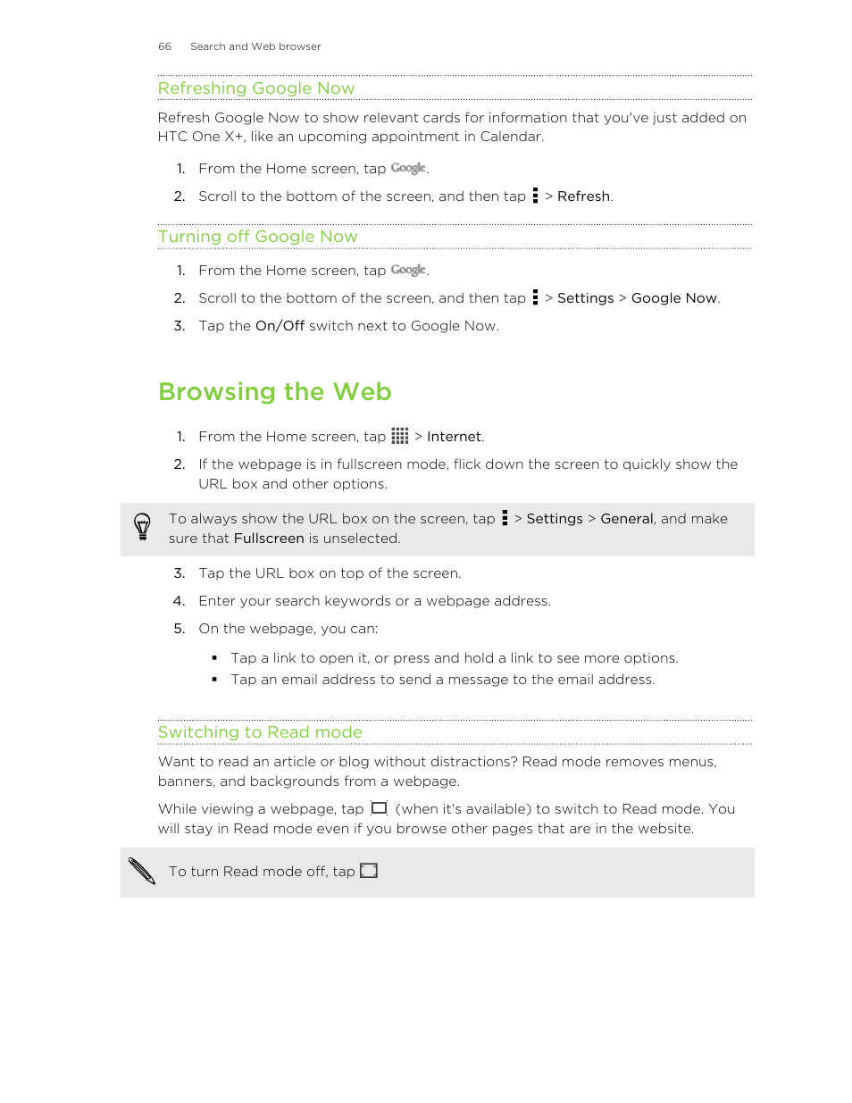 Refreshing google now, Turning off google now, Browsing the web | Switching to read mode, Out more about using the web browser, see | HTC X+ User Manual | Page 66 / 193
