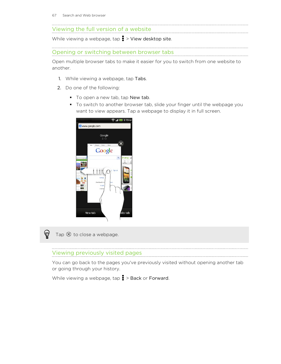 Viewing the full version of a website, Opening or switching between browser tabs | HTC X+ User Manual | Page 67 / 193