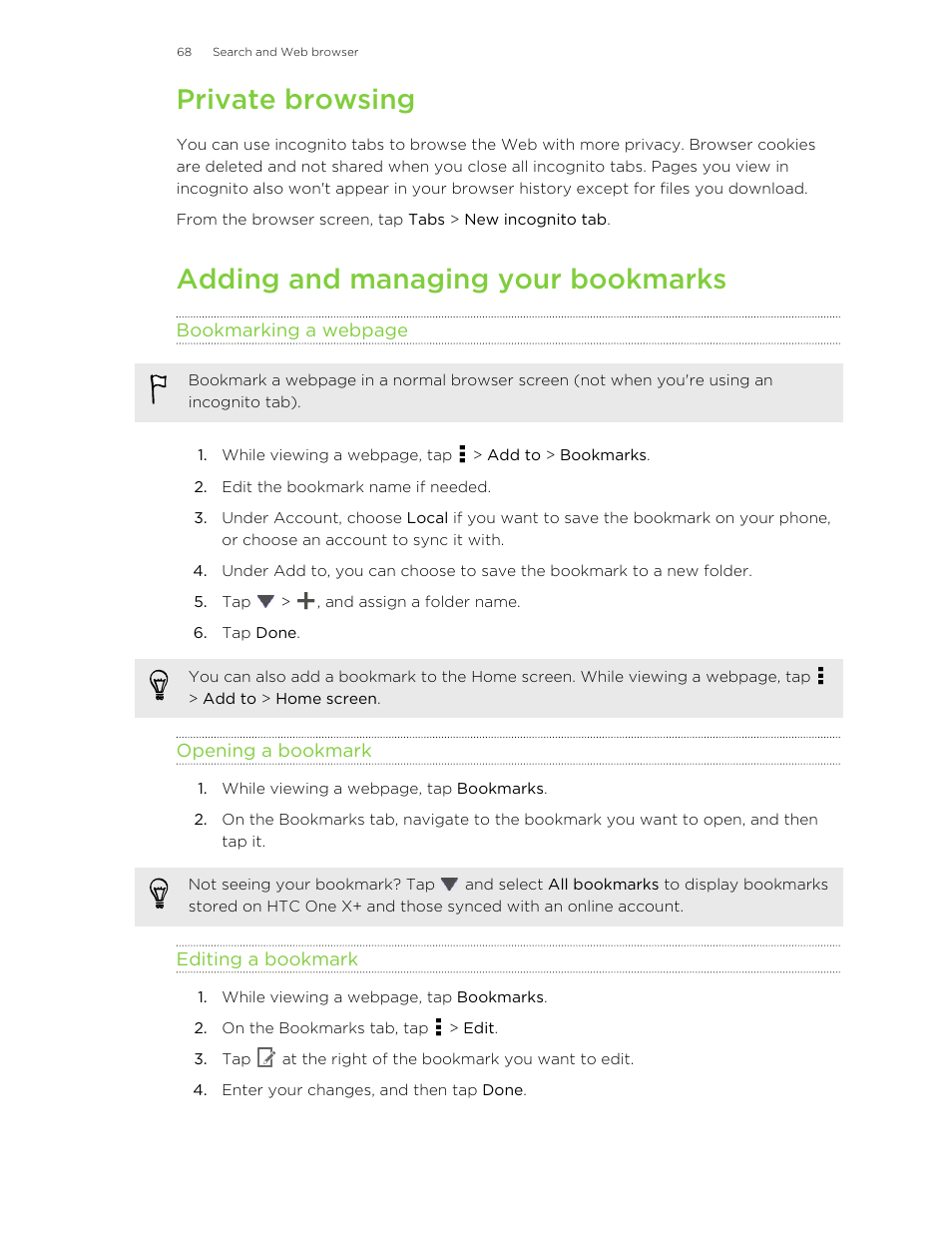 Private browsing, Adding and managing your bookmarks, Opening a bookmark | Editing a bookmark | HTC X+ User Manual | Page 68 / 193
