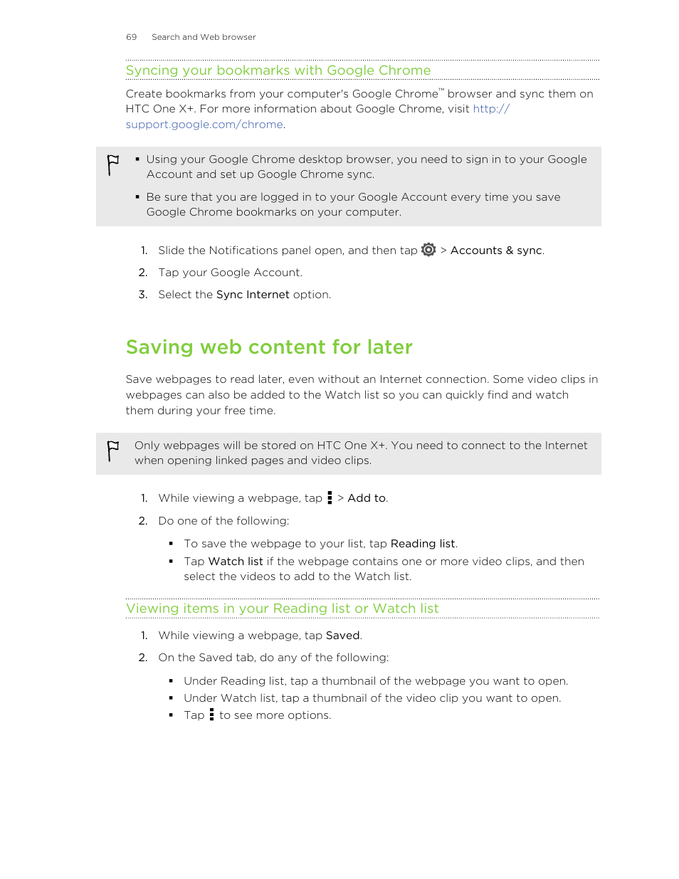 Syncing your bookmarks with google chrome, Saving web content for later, Viewing items in your reading list or watch list | Without an internet connection. see | HTC X+ User Manual | Page 69 / 193