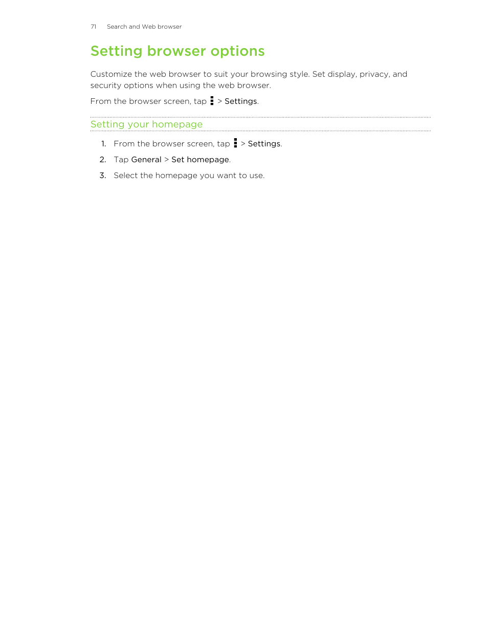 Setting browser options | HTC X+ User Manual | Page 71 / 193