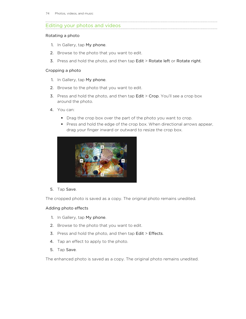Editing your photos and videos, Rotating a photo, Cropping a photo | Adding photo effects | HTC X+ User Manual | Page 74 / 193