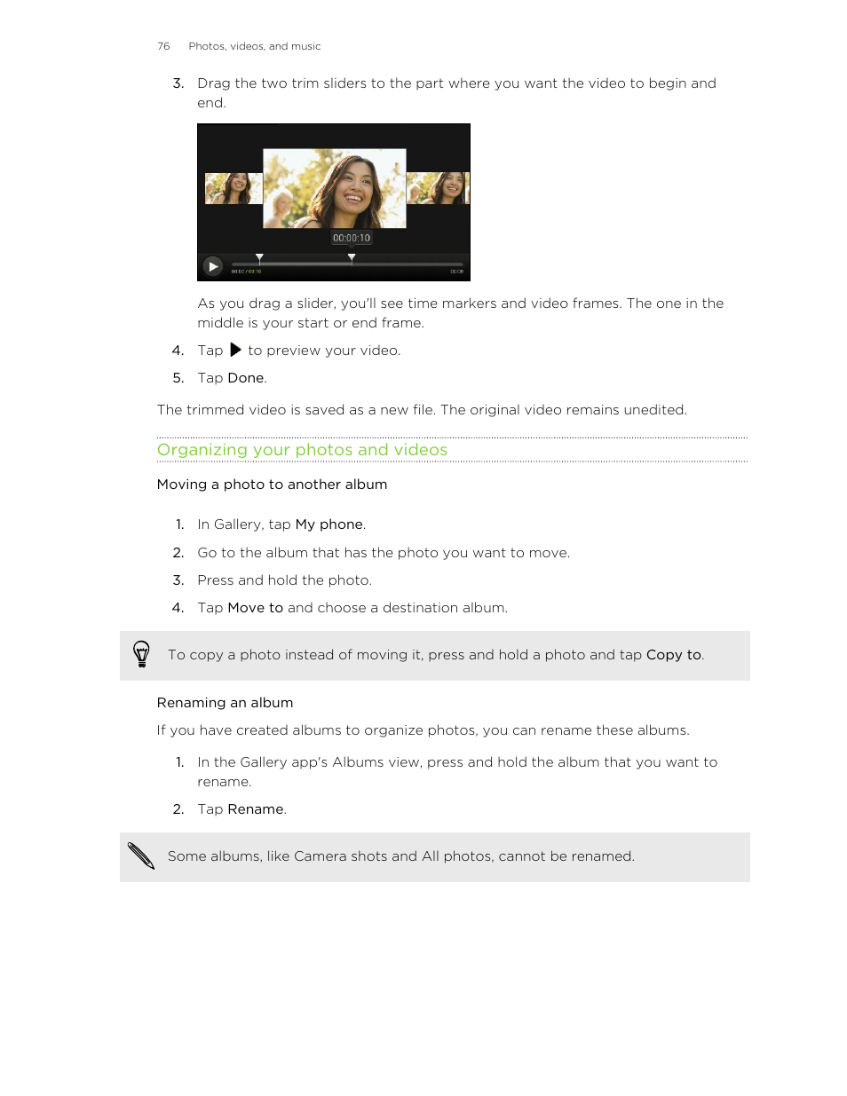Organizing your photos and videos, Moving a photo to another album, Renaming an album | HTC X+ User Manual | Page 76 / 193