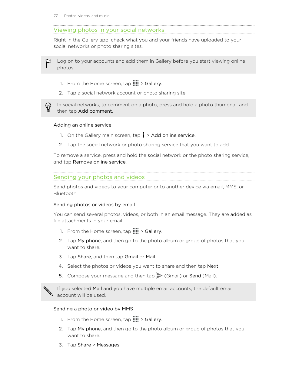 Viewing photos in your social networks, Adding an online service, Sending your photos and videos | Sending photos or videos by email, Sending a photo or video by mms | HTC X+ User Manual | Page 77 / 193