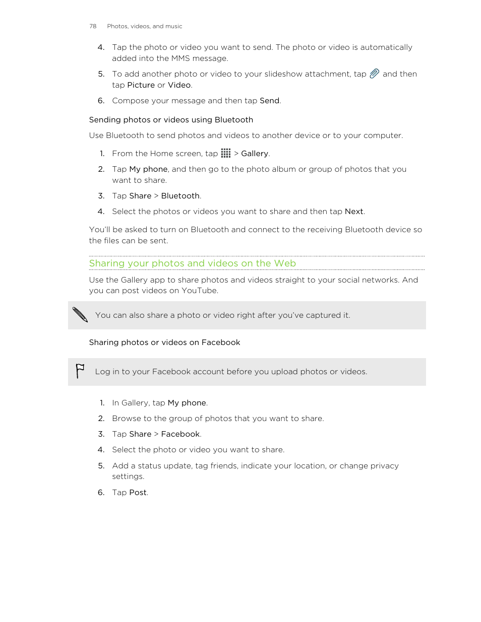 Sending photos or videos using bluetooth, Sharing your photos and videos on the web, Sharing photos or videos on facebook | HTC X+ User Manual | Page 78 / 193