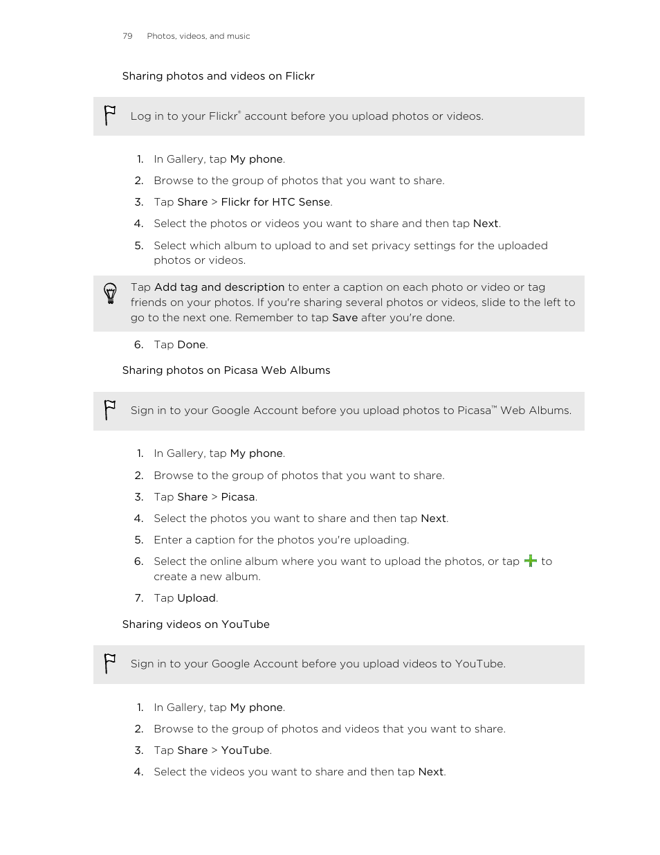 Sharing photos and videos on flickr, Sharing photos on picasa web albums, Sharing videos on youtube | HTC X+ User Manual | Page 79 / 193