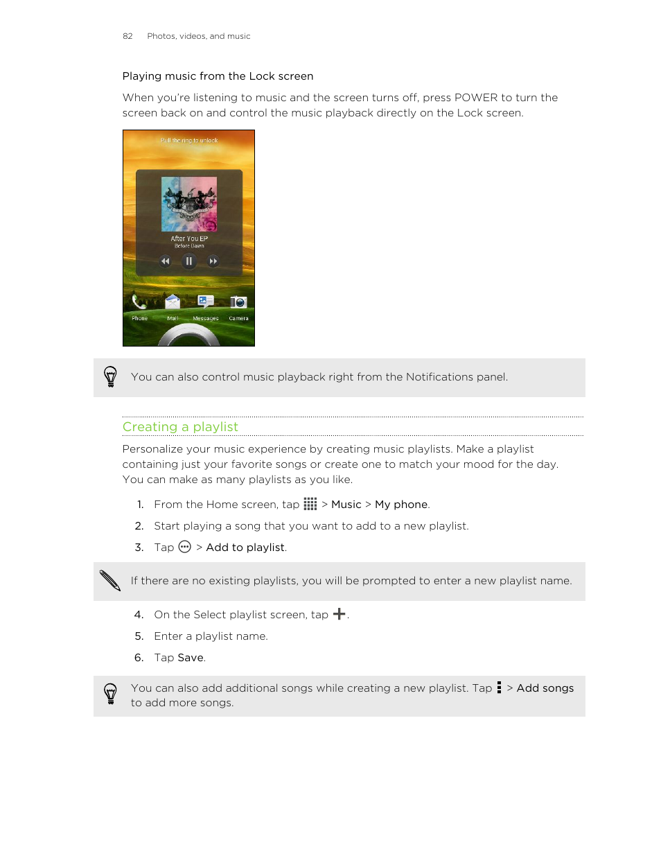 Playing music from the lock screen, Creating a playlist | HTC X+ User Manual | Page 82 / 193