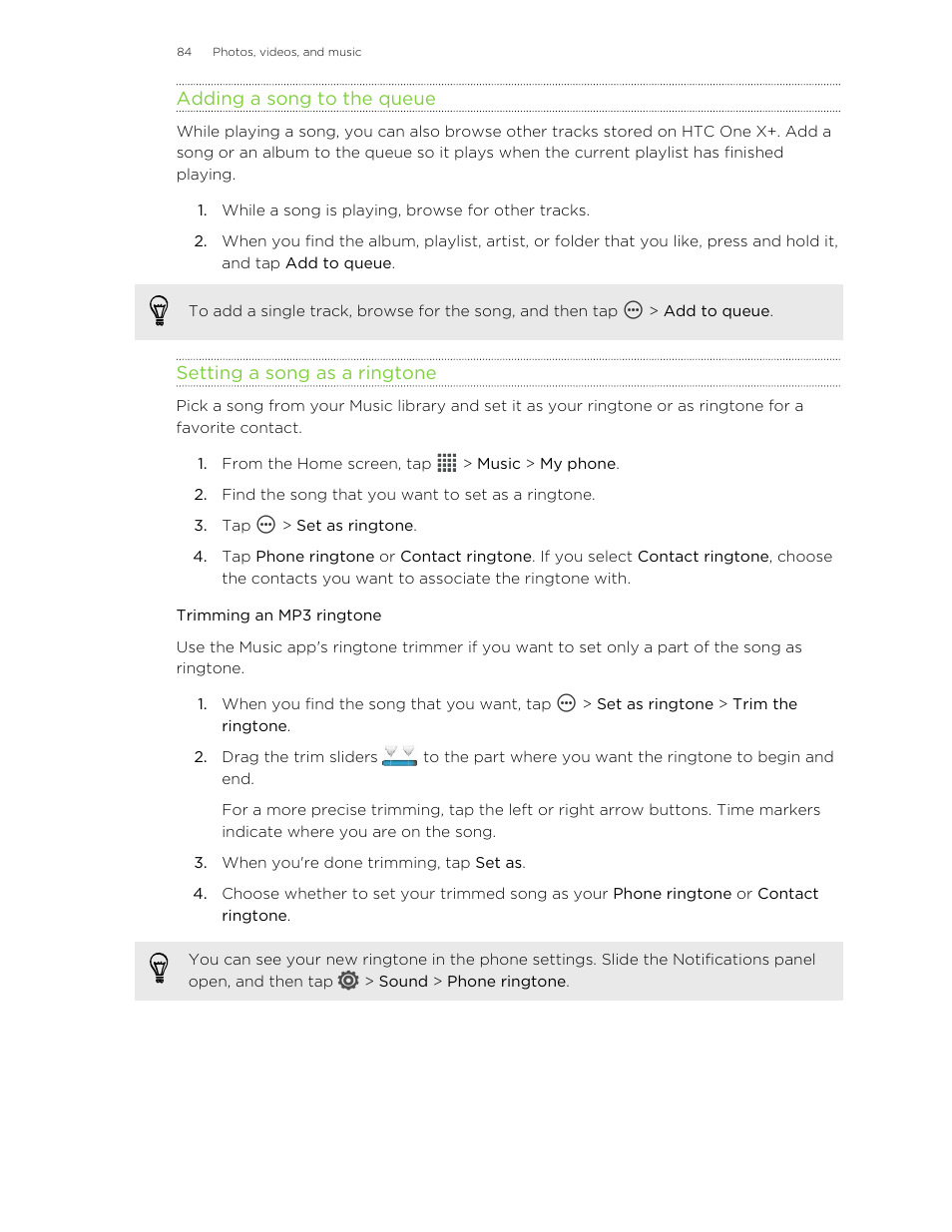 Adding a song to the queue, Setting a song as a ringtone, Trimming an mp3 ringtone | HTC X+ User Manual | Page 84 / 193