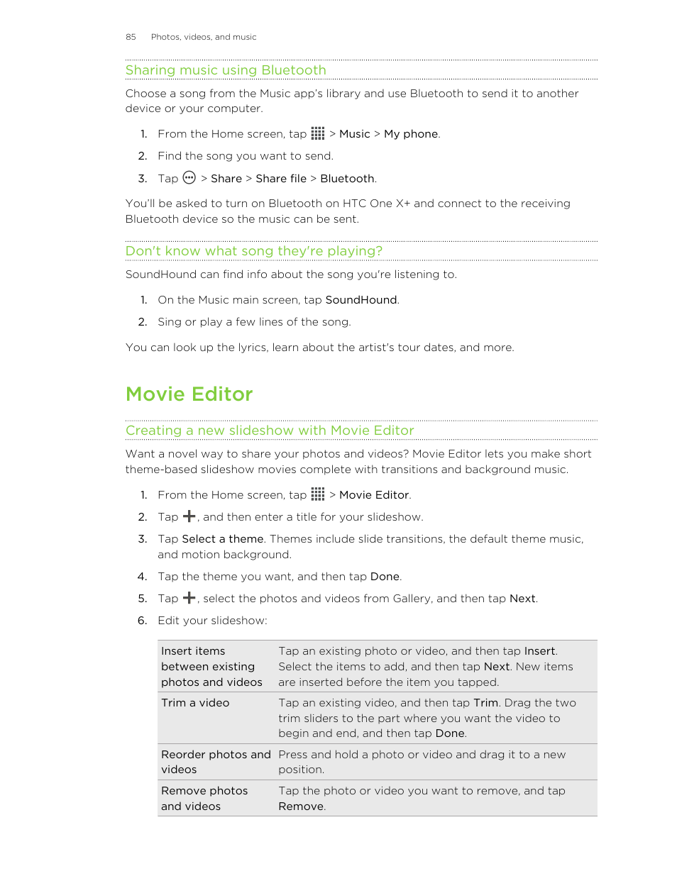 Sharing music using bluetooth, Don't know what song they're playing, Movie editor | Creating a new slideshow with movie editor | HTC X+ User Manual | Page 85 / 193