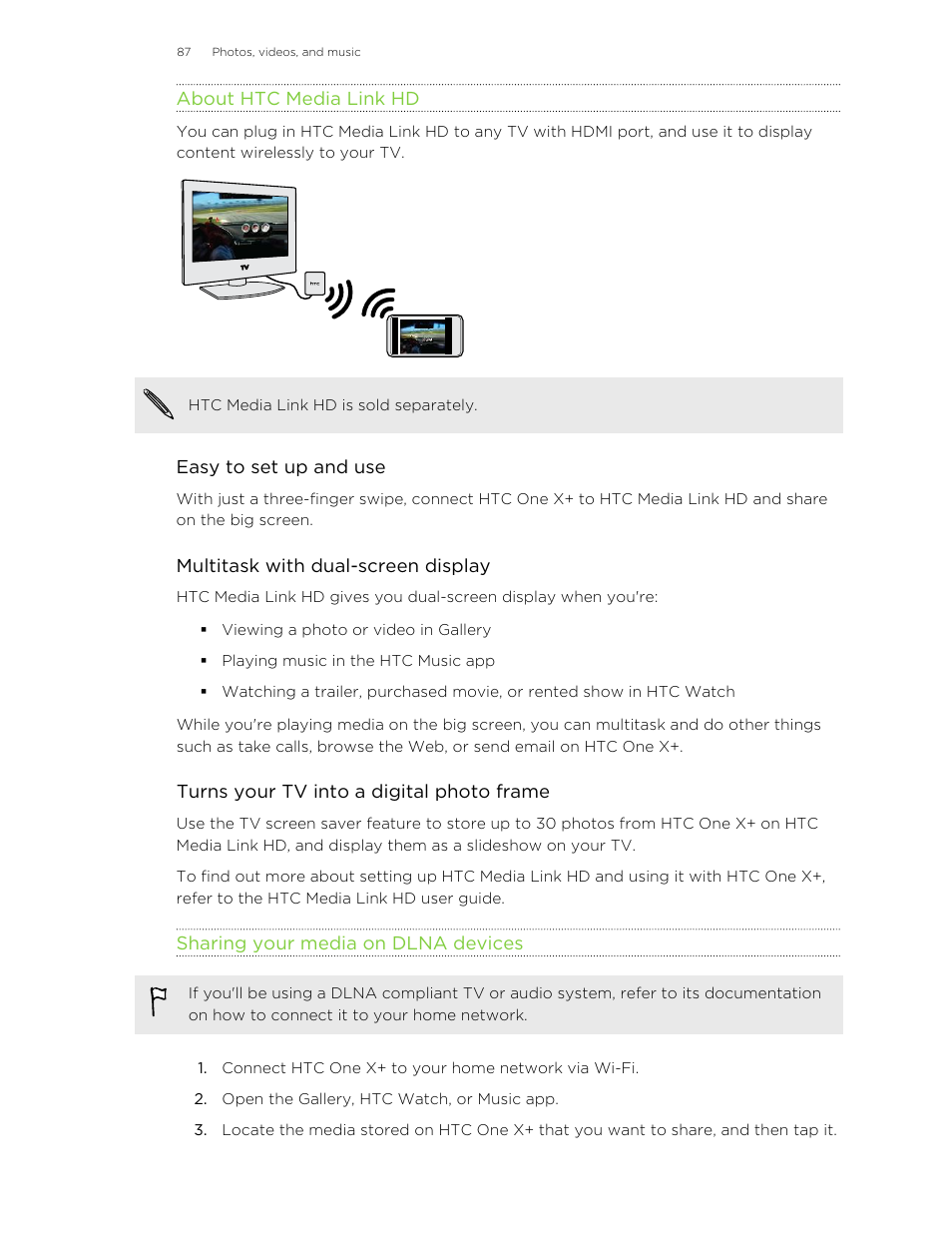 About htc media link hd, Sharing your media on dlna devices | HTC X+ User Manual | Page 87 / 193