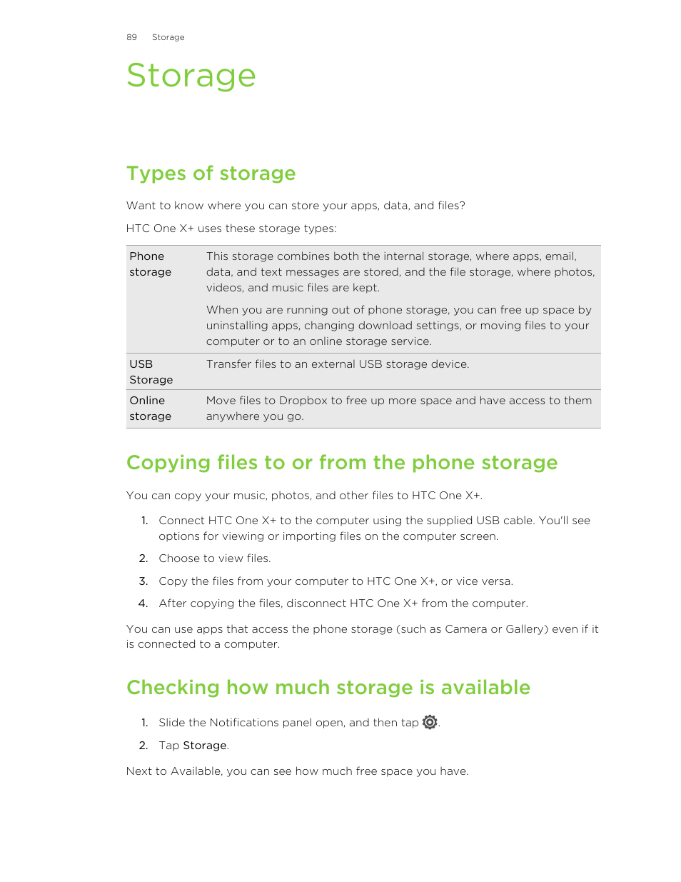 Storage, Types of storage, Copying files to or from the phone storage | Checking how much storage is available | HTC X+ User Manual | Page 89 / 193
