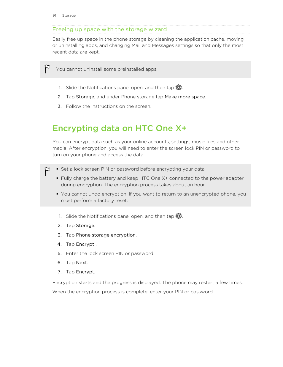 Freeing up space with the storage wizard, Encrypting data on htc one x | HTC X+ User Manual | Page 91 / 193