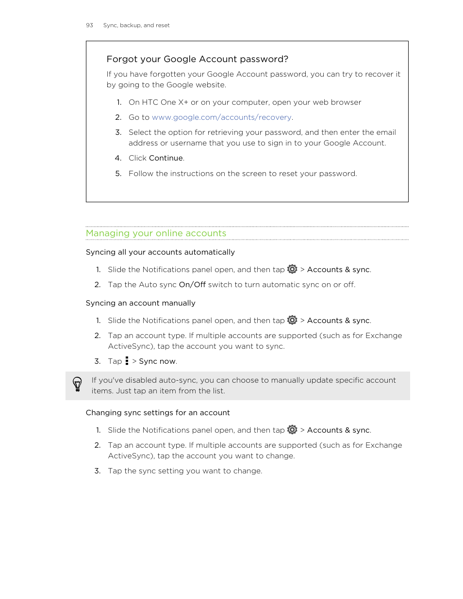 Forgot your google account password, Managing your online accounts, Syncing all your accounts automatically | Syncing an account manually, Changing sync settings for an account | HTC X+ User Manual | Page 93 / 193