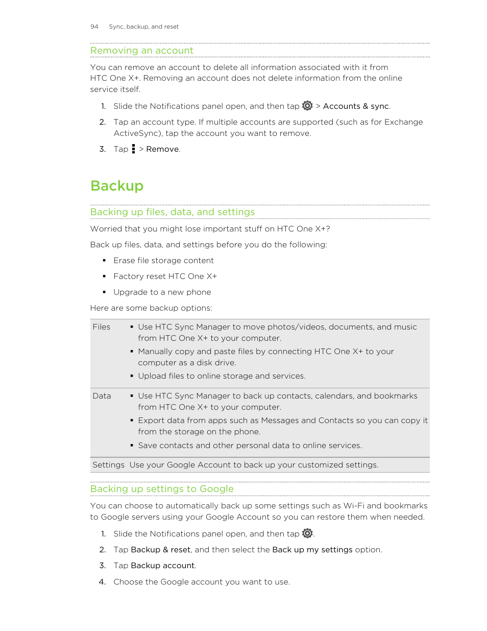 Removing an account, Backup, Backing up files, data, and settings | Backing up settings to google | HTC X+ User Manual | Page 94 / 193