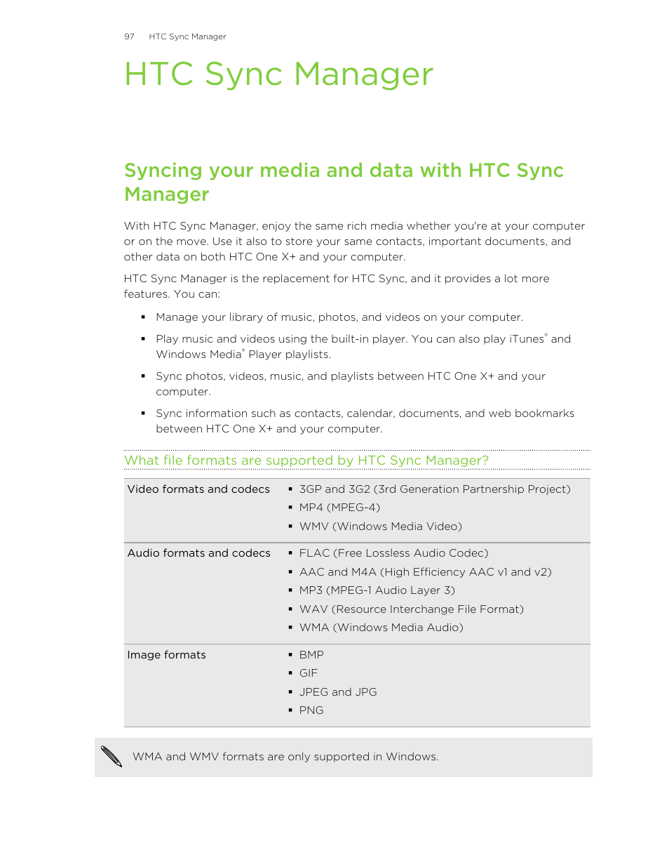 Htc sync manager, Syncing your media and data with htc sync manager | HTC X+ User Manual | Page 97 / 193