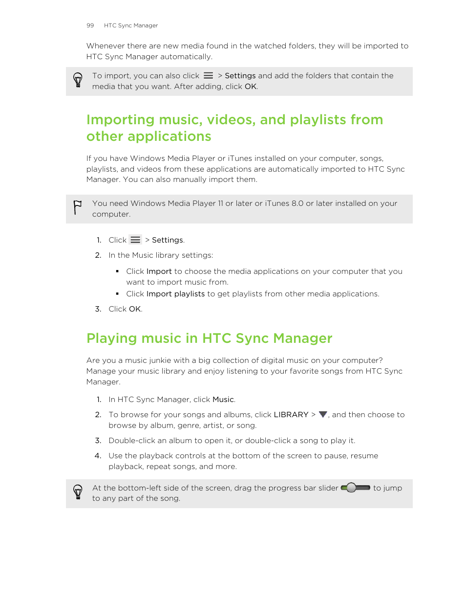 Playing music in htc sync manager | HTC X+ User Manual | Page 99 / 193