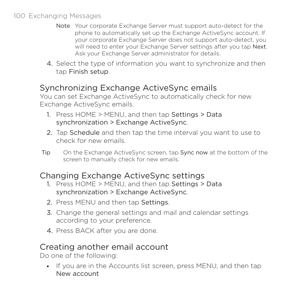 Synchronizing exchange activesync emails, Changing exchange activesync settings, Creating another email account | HTC DROID Eris PB00100 User Manual | Page 100 / 238