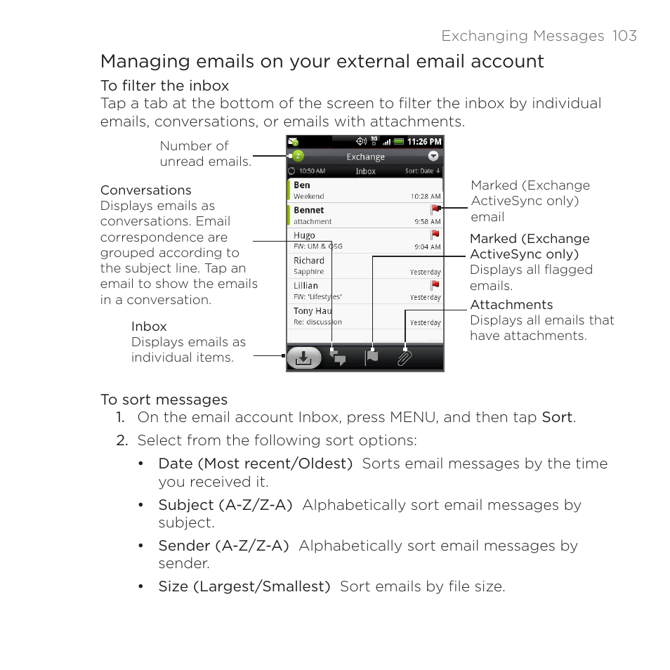 Managing emails on your external email account | HTC DROID Eris PB00100 User Manual | Page 103 / 238