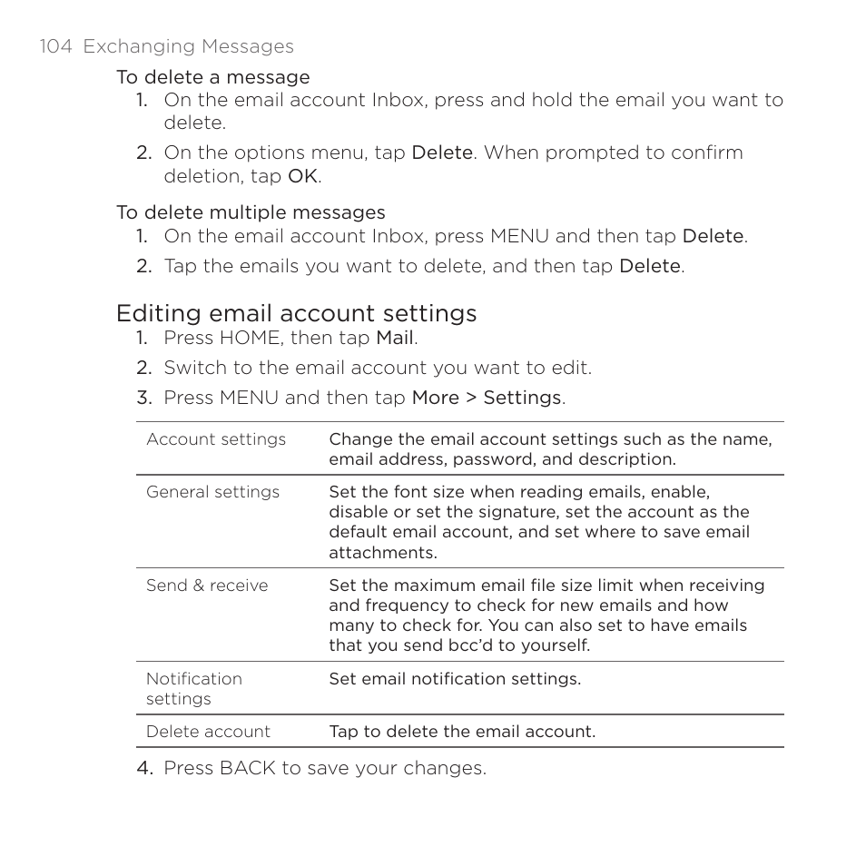 Editing email account settings | HTC DROID Eris PB00100 User Manual | Page 104 / 238
