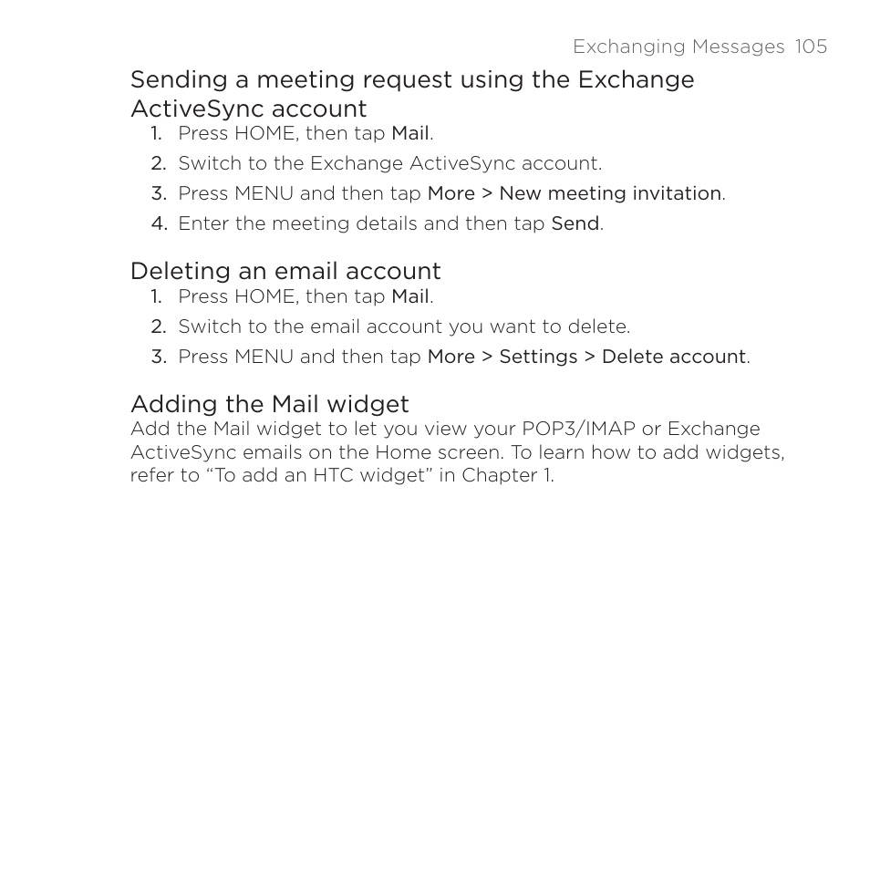 Deleting an email account, Adding the mail widget, Sending a meeting request using the exchange | Activesync account, Deleting an email account adding the mail widget | HTC DROID Eris PB00100 User Manual | Page 105 / 238