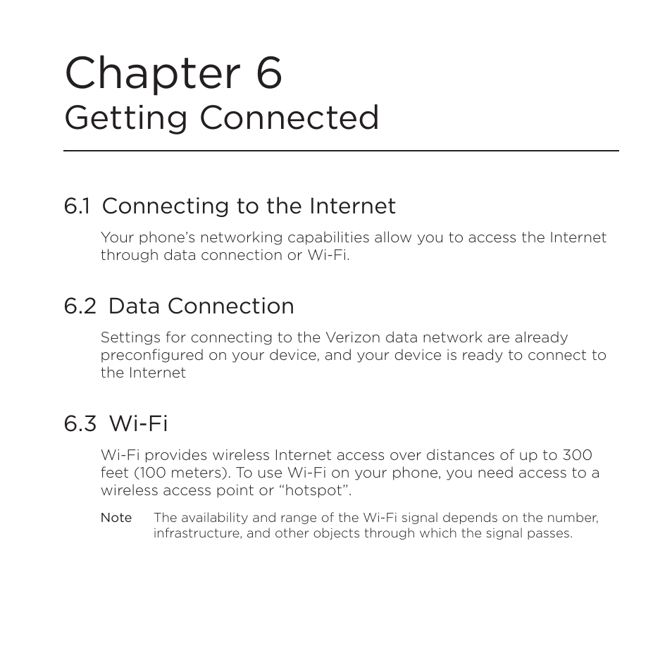 Chapter 6getting connected, 1 connecting to the internet, 2 data connection | 3 wi-fi, Chapter 6 getting connected, Chapter 6, Getting connected | HTC DROID Eris PB00100 User Manual | Page 106 / 238