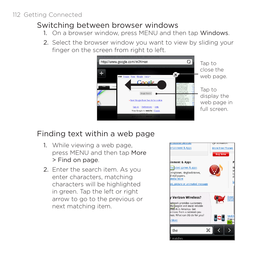 Switching between browser windows, Finding text within a web page | HTC DROID Eris PB00100 User Manual | Page 112 / 238