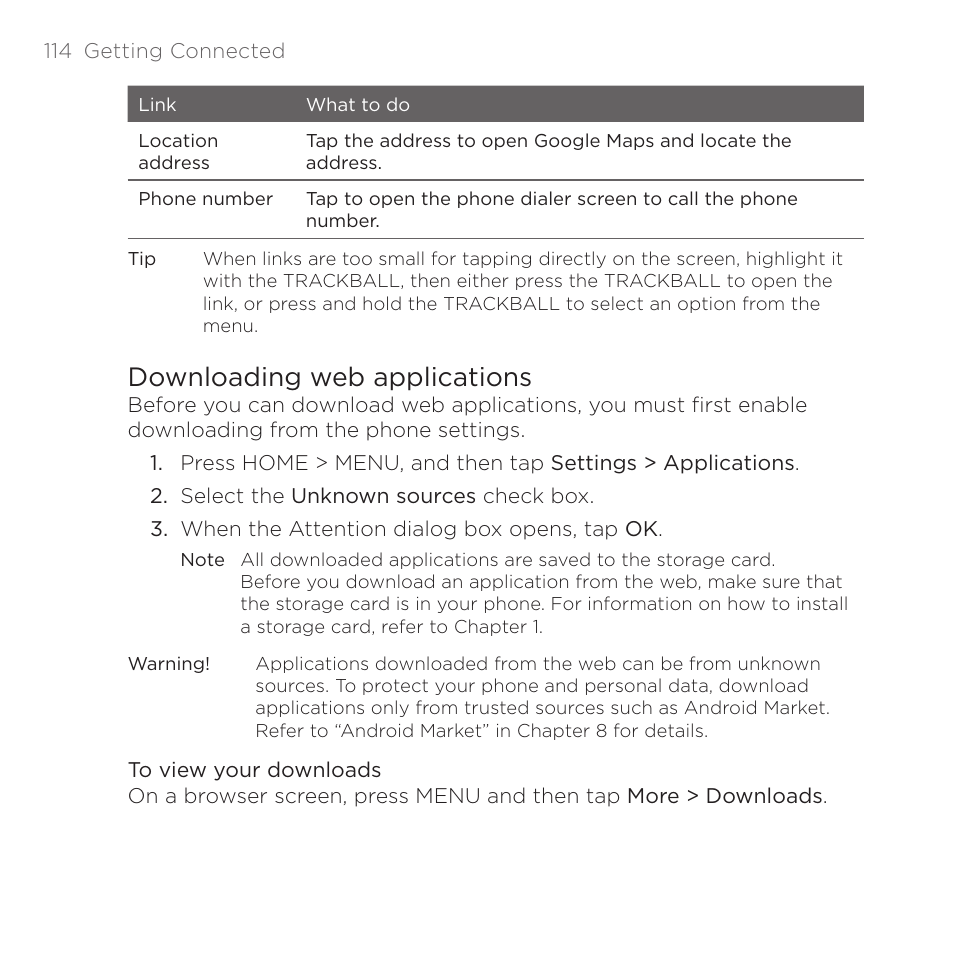 Downloading web applications | HTC DROID Eris PB00100 User Manual | Page 114 / 238