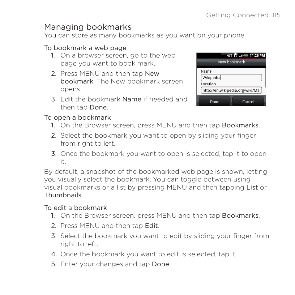 Managing bookmarks | HTC DROID Eris PB00100 User Manual | Page 115 / 238