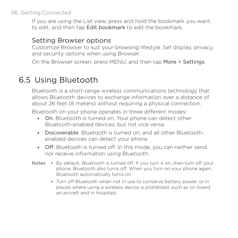 Setting browser options, 5 using bluetooth | HTC DROID Eris PB00100 User Manual | Page 116 / 238