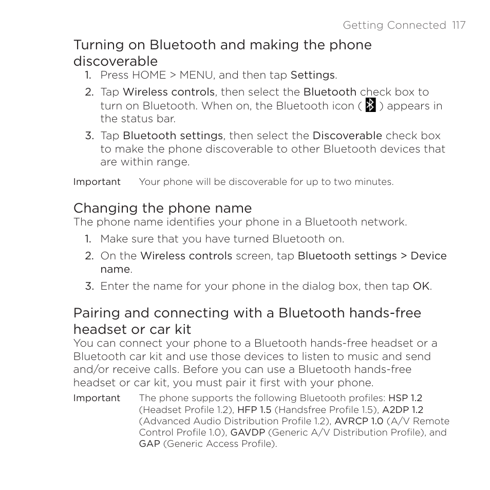 Changing the phone name, Headset or car kit | HTC DROID Eris PB00100 User Manual | Page 117 / 238