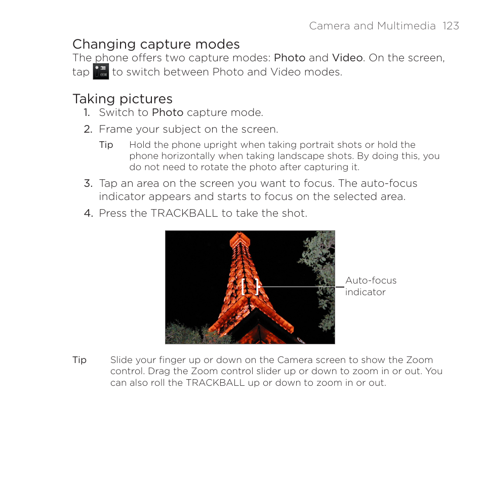 Changing capture modes, Taking pictures, Changing capture modes taking pictures | HTC DROID Eris PB00100 User Manual | Page 123 / 238