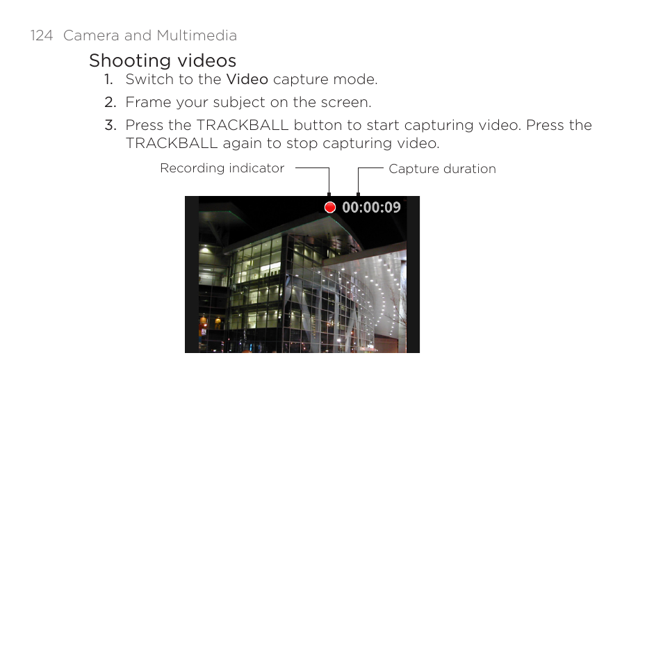 Shooting videos | HTC DROID Eris PB00100 User Manual | Page 124 / 238