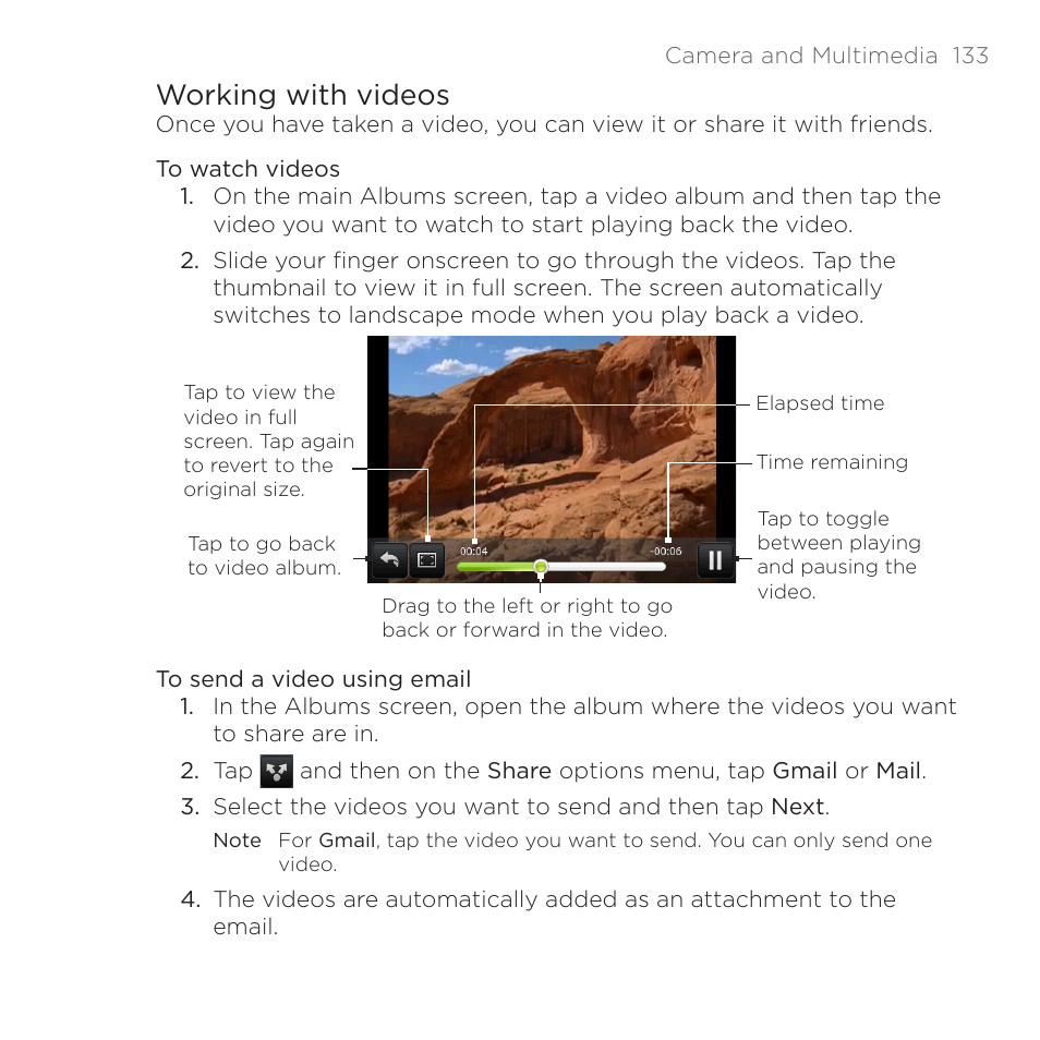 Working with videos | HTC DROID Eris PB00100 User Manual | Page 133 / 238